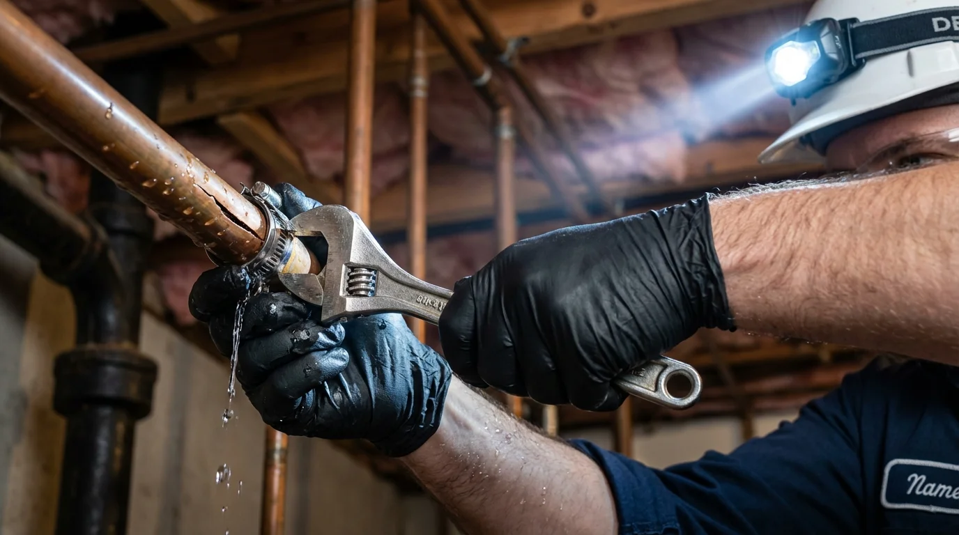 Emergency pipe clamp repair being performed by a Johns Plumbing LLC plumber in Mesa