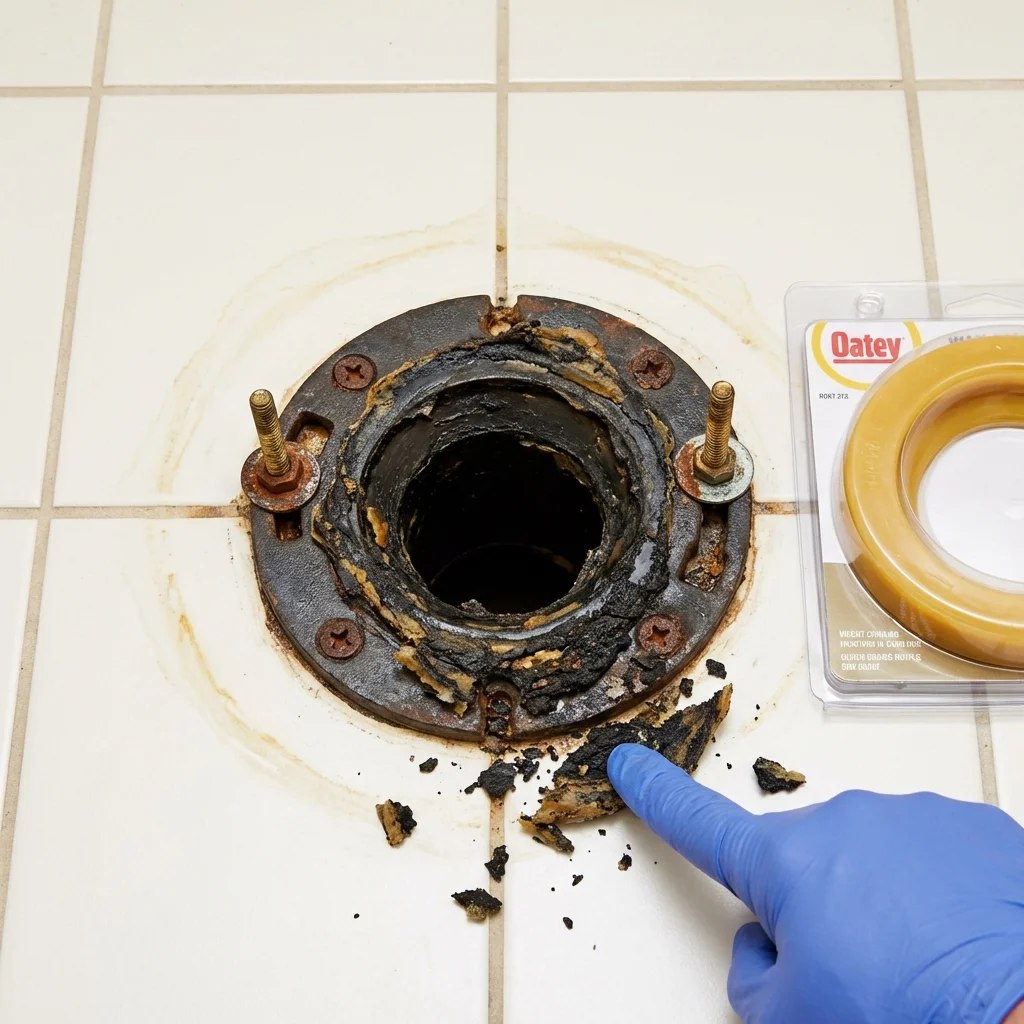 Failed wax ring showing water seepage at the base of a toilet in a Mesa, AZ home